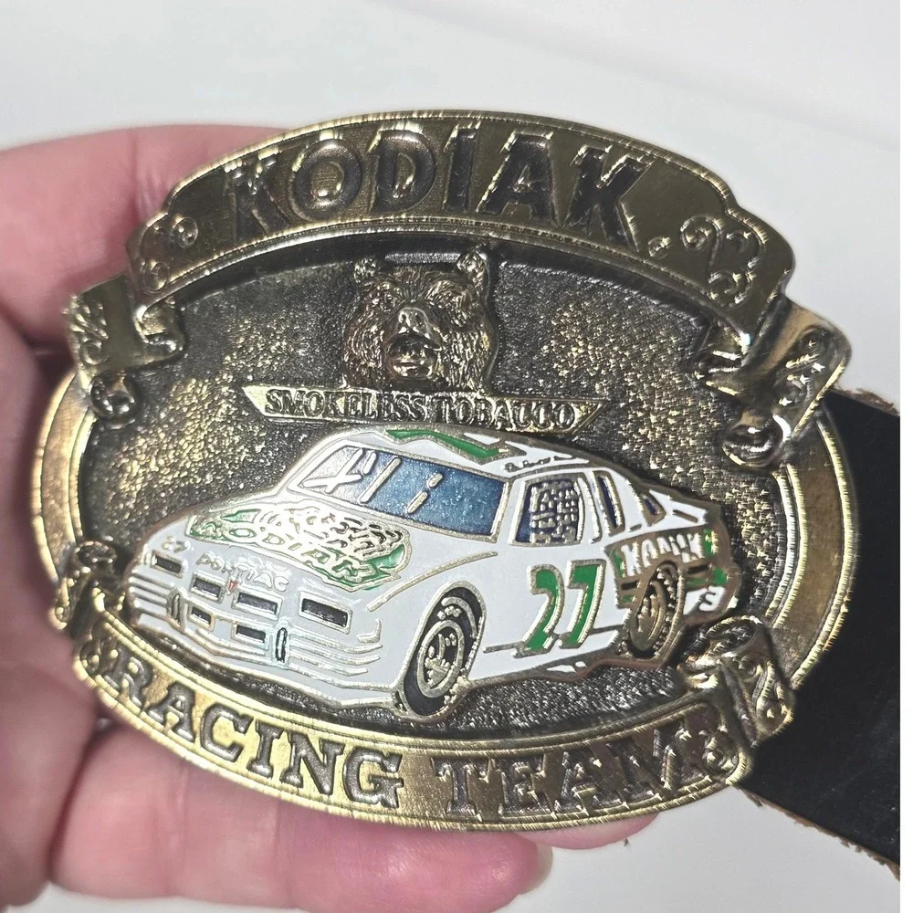 Kodiak Racing Team Belt Buckle Mens 40 Black Leather Vintage NASCAR Pontiac 27